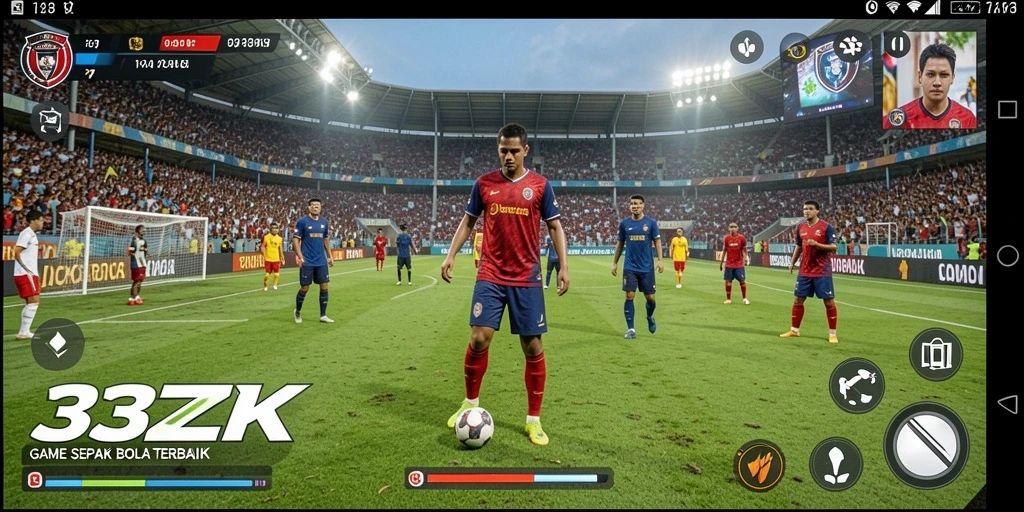 Screenshot utama dari gameplay 33ZK yang menampilkan aksi sepak bola.
